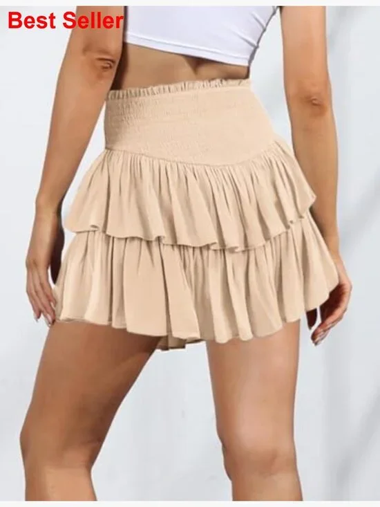 Ruffle Mini Skirt Smocked Waist A Line Flowy Tiered Casual - Picture 3 of 6